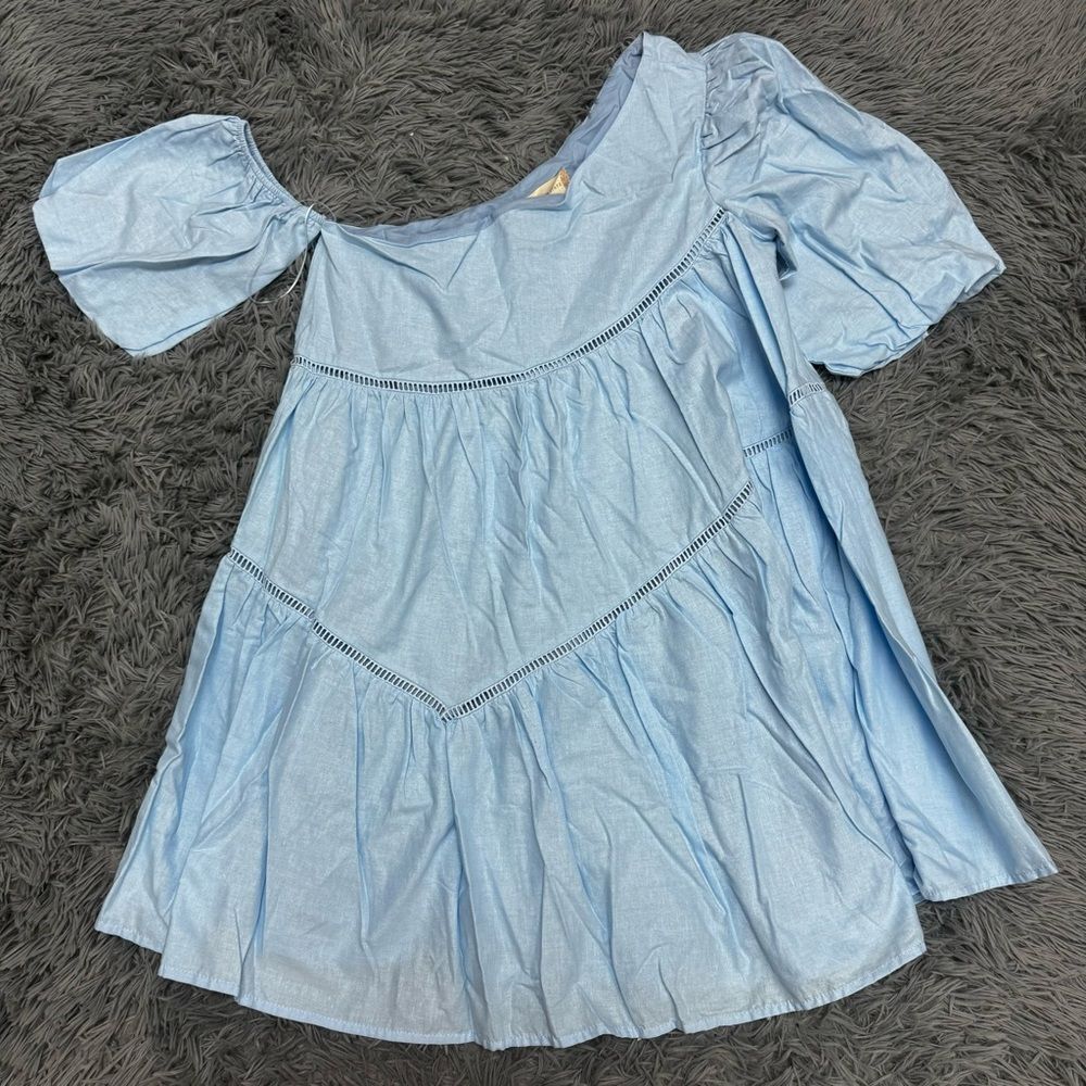 Altar’d State Blue Puff Sleeve Asymmetrical Neck Line Dress Size Medium